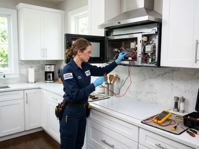 Appliance Repair Hero technician testing an over-the-range microwave in a Brandon, IA kitchen